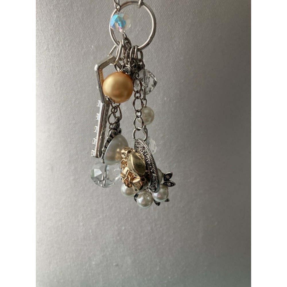 Plunder Silver Tone Charm Pendant Necklace Key Floral Mixed Metal AB Faux Pearl - Picture 2 of 7